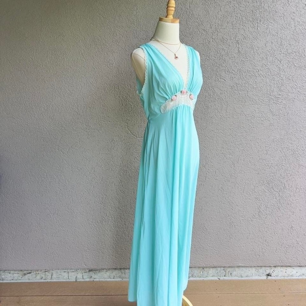 Vintage Aqua Blue Maxi Nightgown Slip Dress Lingerie w/ Sheer Lace Fits Medium - Picture 4 of 8